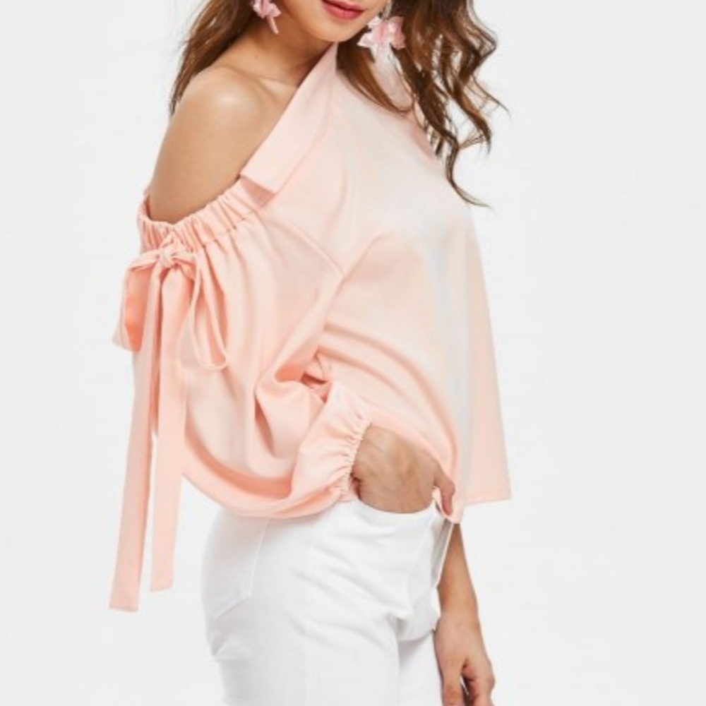 Off Shoulder Blouse Bowknot Pretty Peachy Pink - Picture 1 of 8